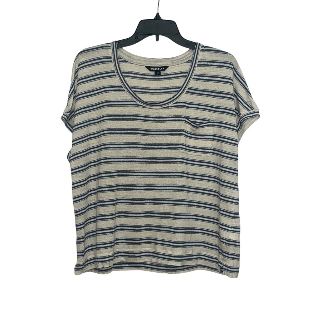 Whistles Linen Striped Pocket Top Size Large Boxy Relaxed Fit Scoop Neck
